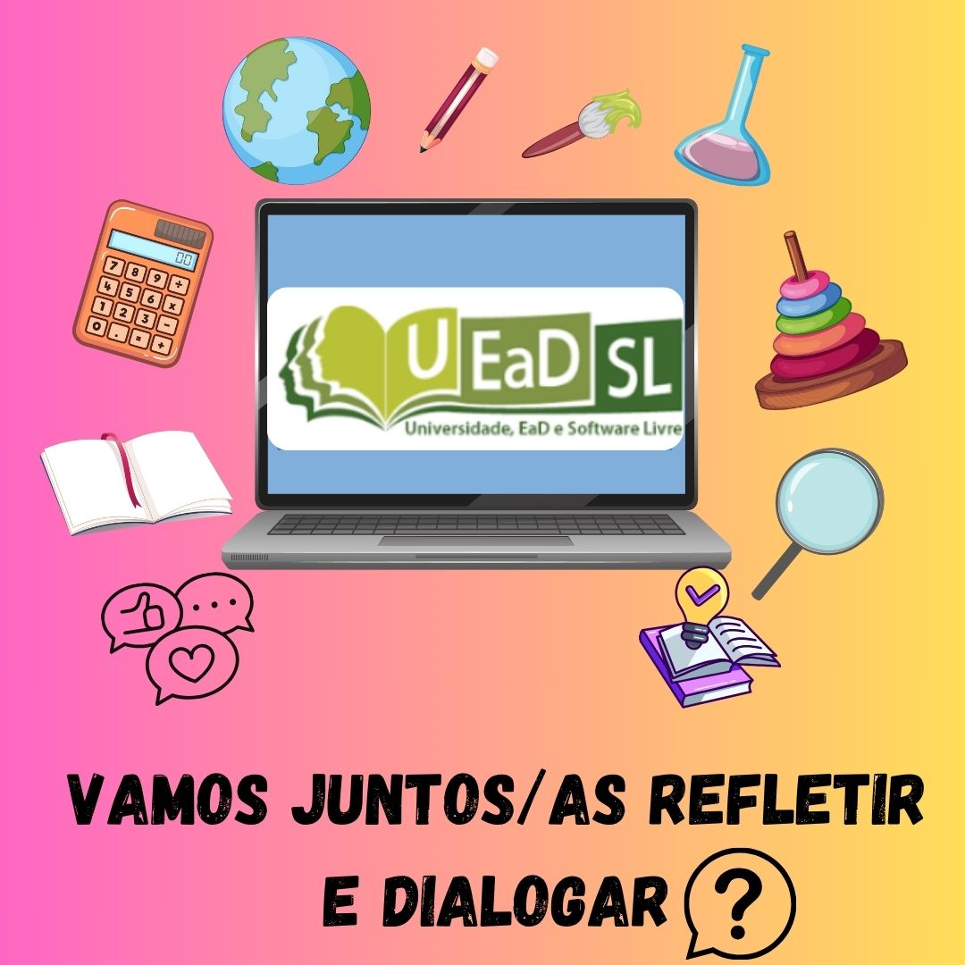 Um notebook ao centro contendo o logo do evento UEaDSL, estando a sua volta elementos que remetem a diferentes conhecimentos