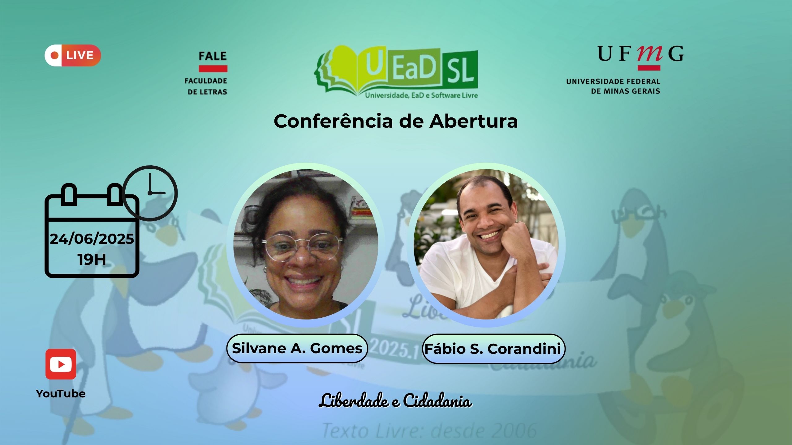 A imagem é um cartaz digital de divulgação de um evento online. O fundo tem um tom de verde-azulado suave com ilustrações.